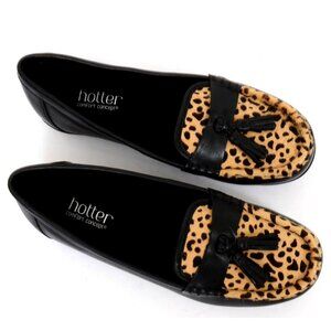 Hotter Abbeyville Women 7.5 Black Leather Leopard Tassel Loafers Preppy Shoes‎